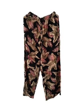 Billabong Black Wide-Leg Tropical Print Pants M Beach Casual Resort Pockets